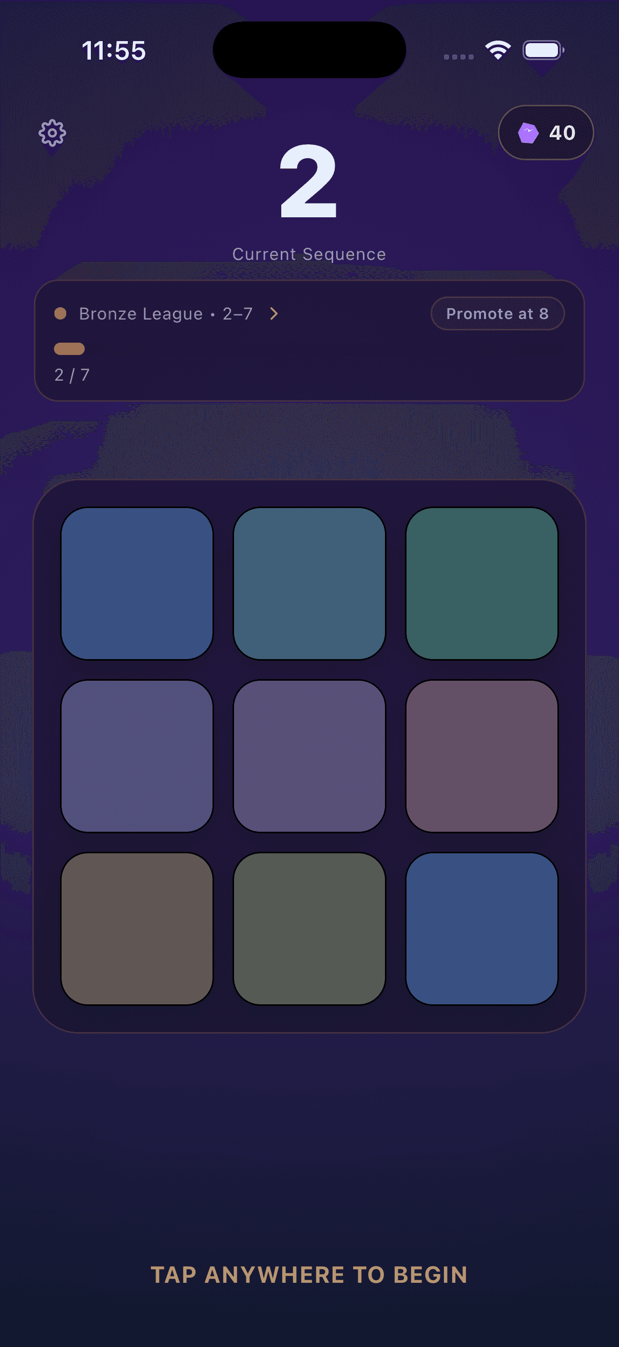 Bronze league start screen with early sequence and 3x3 grid