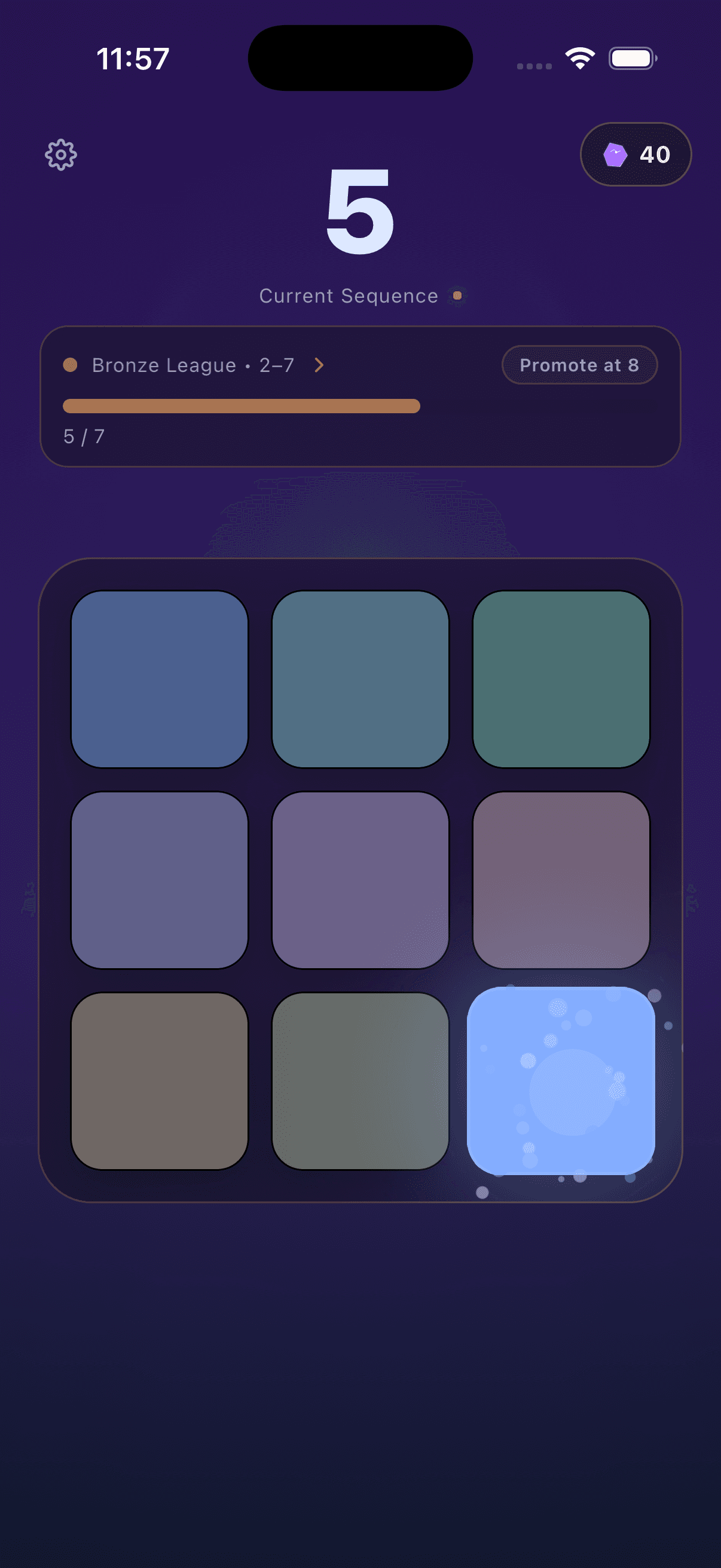 Active run with sequence 5 and highlighted tile playback