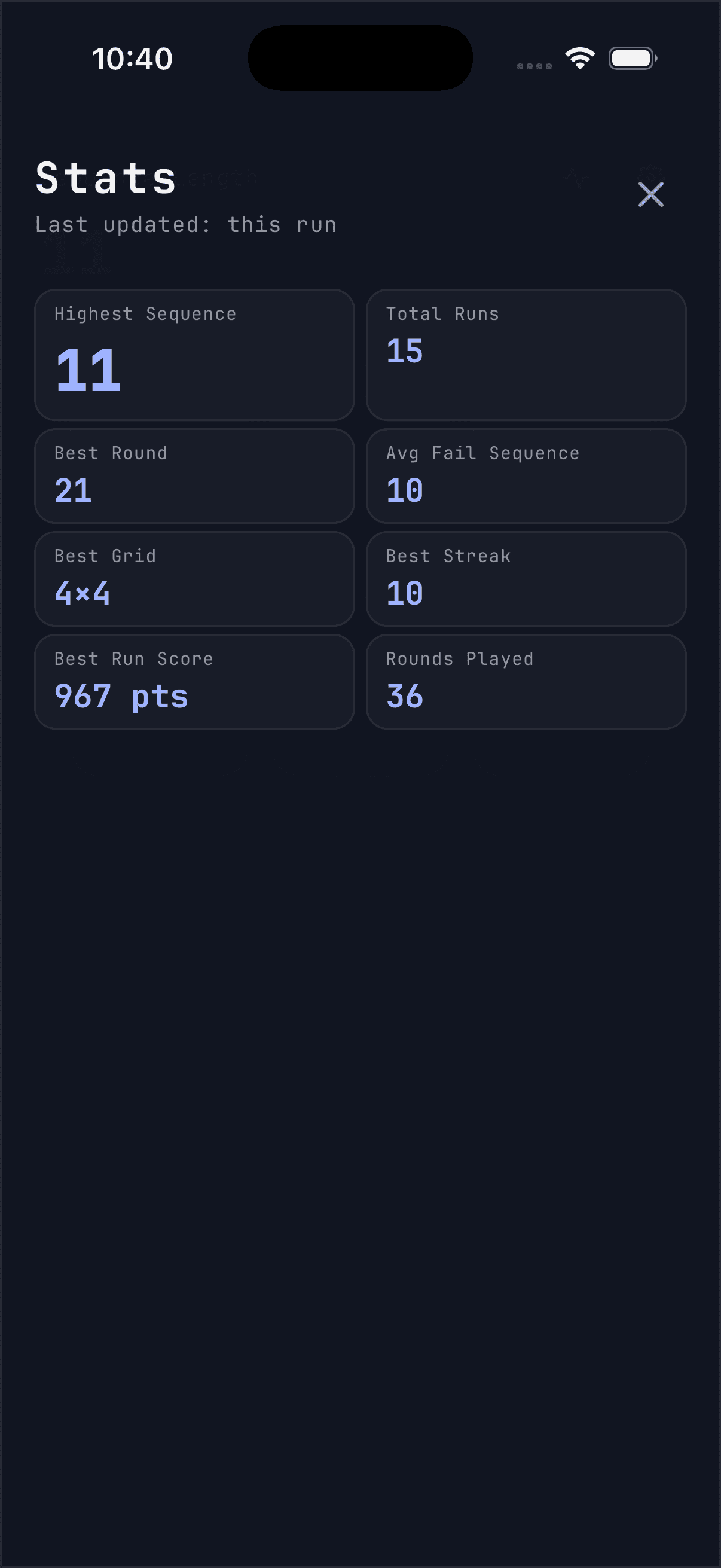 Post-run stats screen