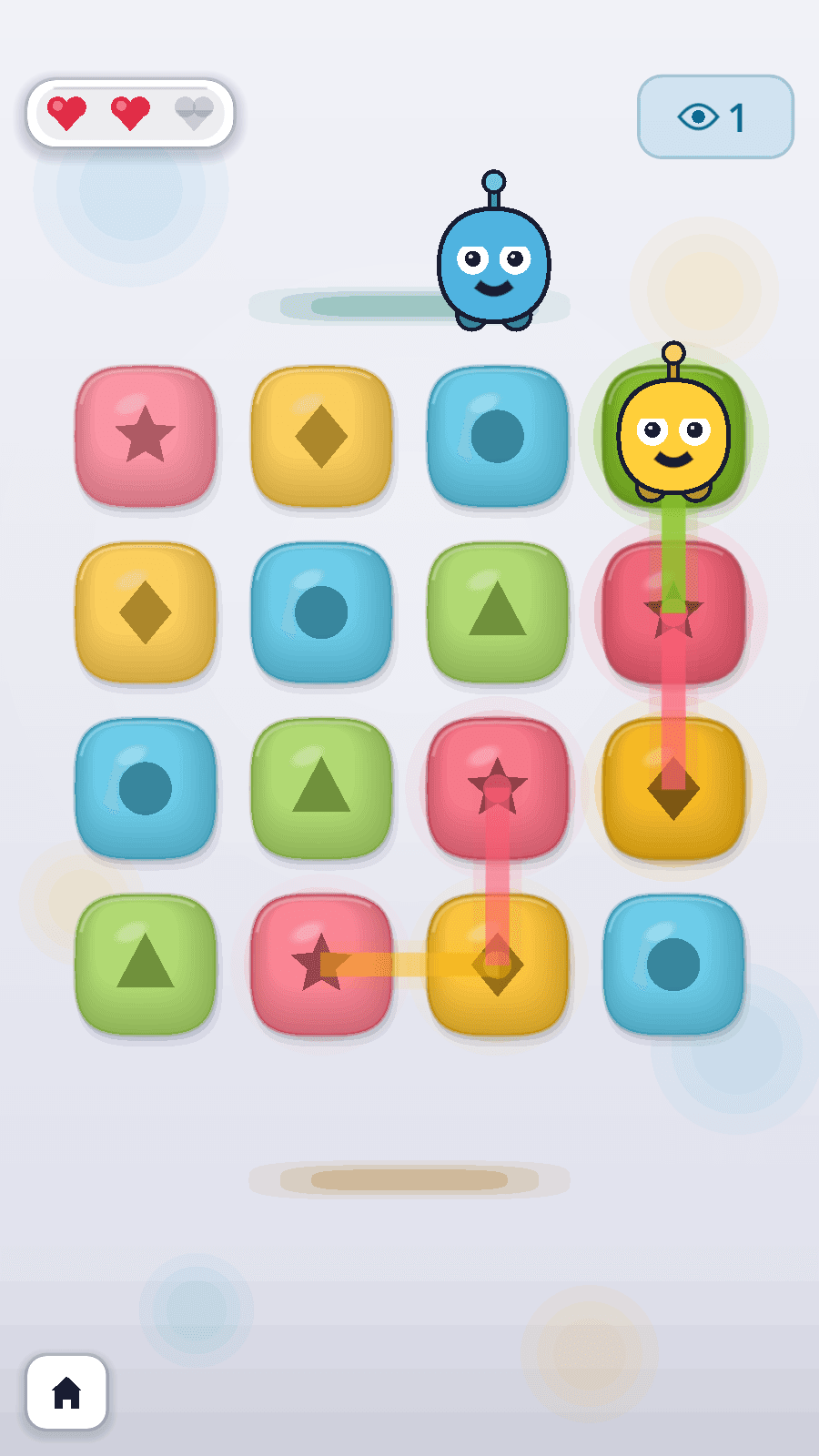 Imprint's 4x4 grid of coloured tiles with glyphs, the blue follower waiting above the board and the yellow hero standing on a lit green tile at the end of a glowing trail