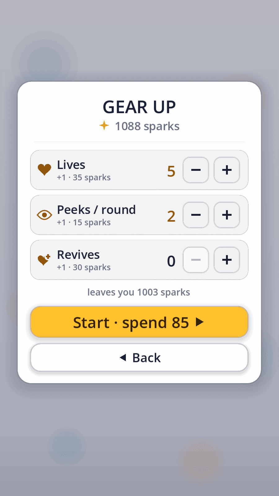 Imprint's Gear Up card offering extra lives, peeks per round and revives priced in sparks