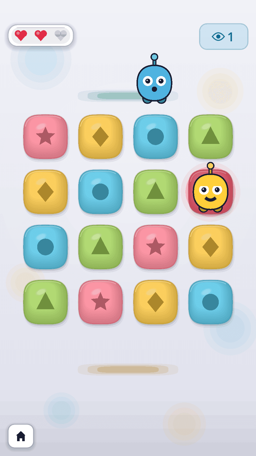 An Imprint 4x4 board after a wrong tap: the hearts badge showing one of three spent, the blue hero pulling a surprised face above the board, and the yellow hero standing on the red tile that should have been tapped