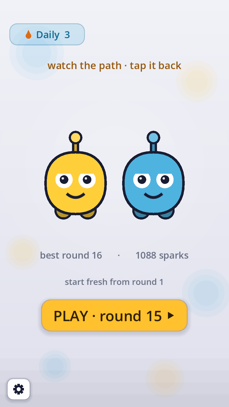 Imprint's title screen showing the yellow hero and blue follower side by side, a daily streak of 3, best round 16, 1088 sparks and a PLAY button resuming at round 15
